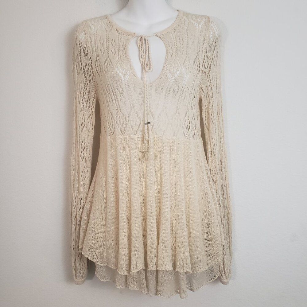 Free People Babydoll Top Medium Cream Sheer Knit Boho Hippie Coastal Flowy